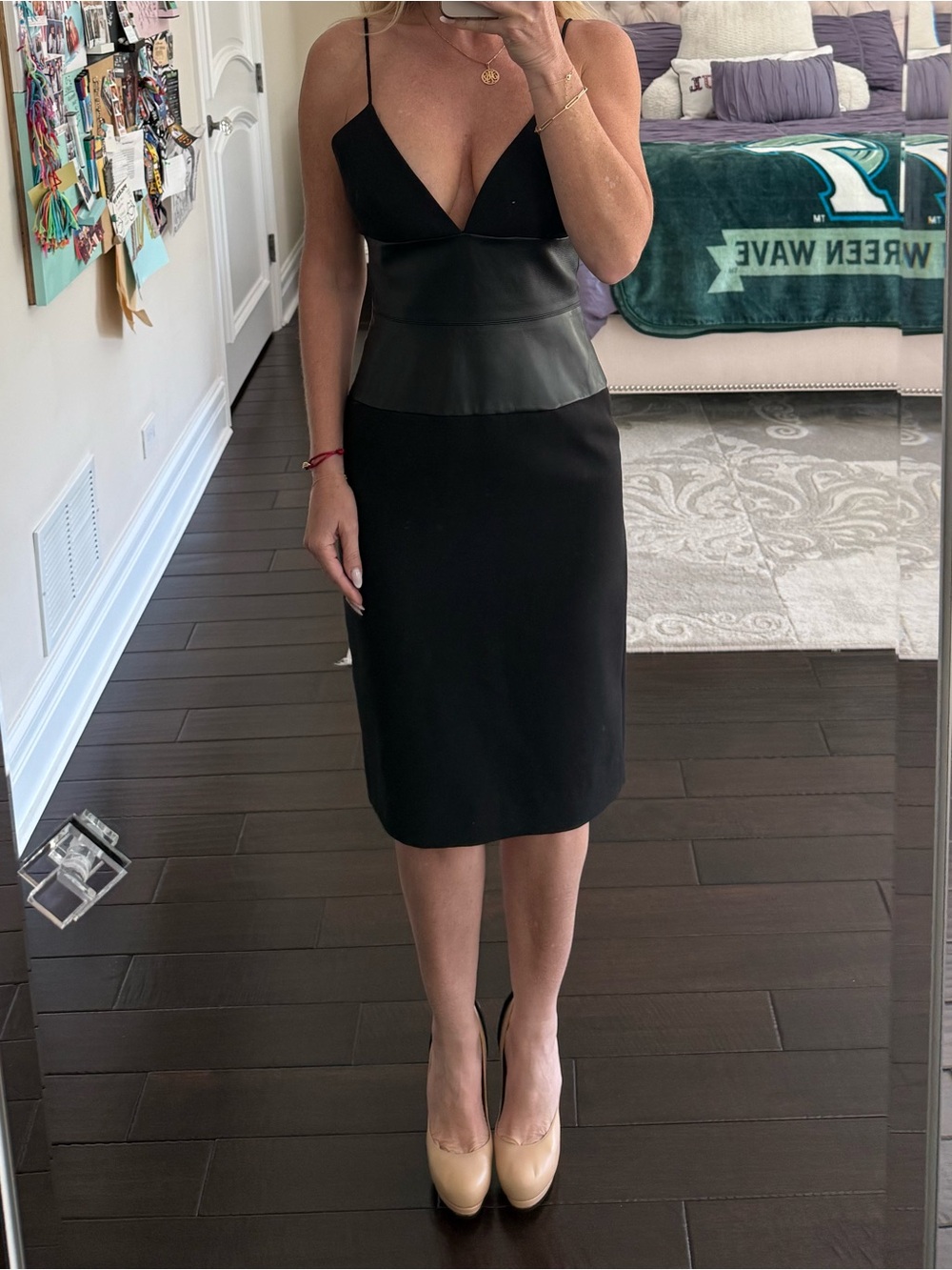 L’Agence Chic Black Bodycon Dress with Faux Leather Panel